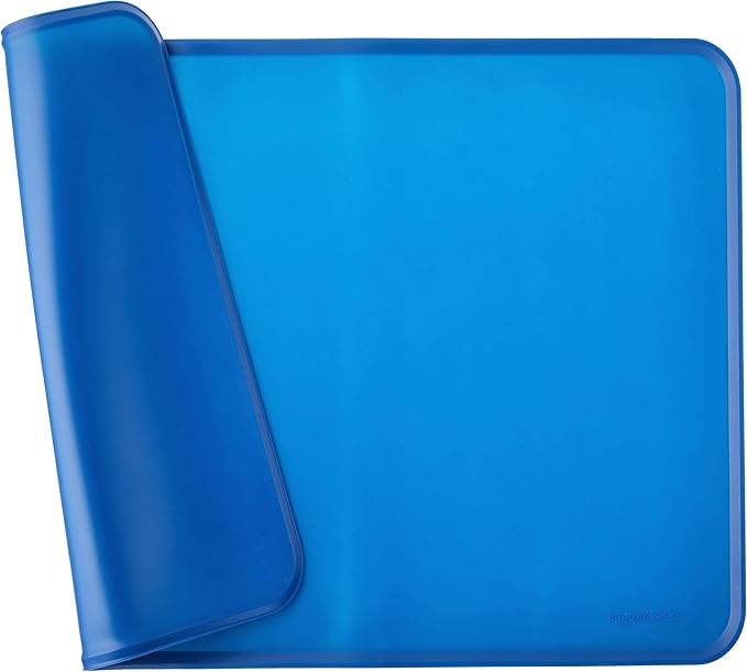 Amazon Basics Waterproof Anti-Slip Silicone Cat & Dog Food Mat, Pet Mats with Raised Edges for Food and Water Bowl to Protect Floors, 24 x 16 Inches, Blue, Solid