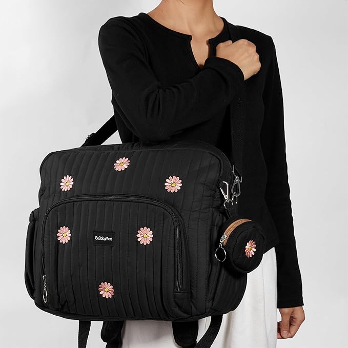 Diaper Bag Backpack, Medium Maternity baby bag & Changing Pad, Insulated Pockets, Stroller Straps & Pacifier Case (Medium - Black Flowers)