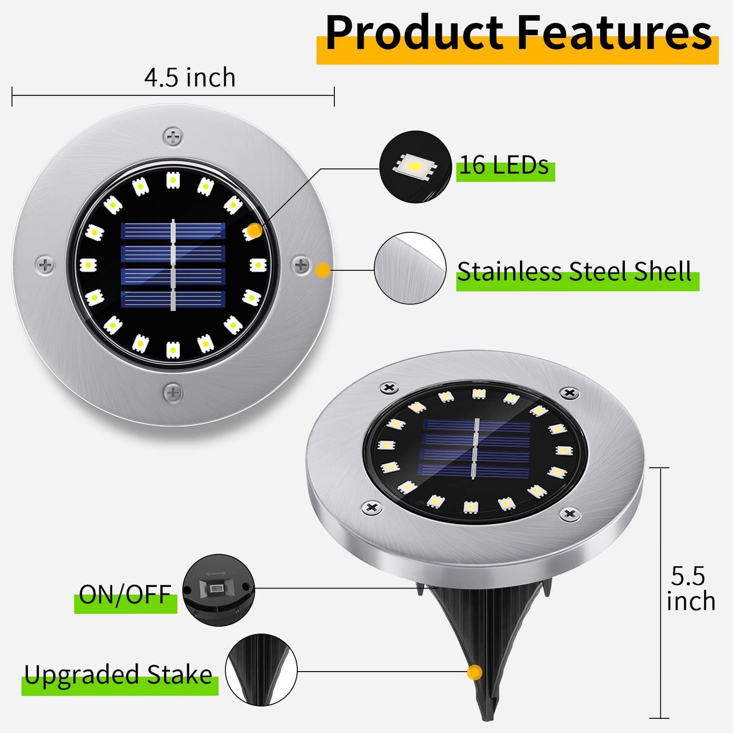 Nfesolar Solar Ground Lights - 16 Led Waterproof Disk Lights, 8-Pack, Warm White - Perfect For Pathway, Garden, And Driveway Lighting