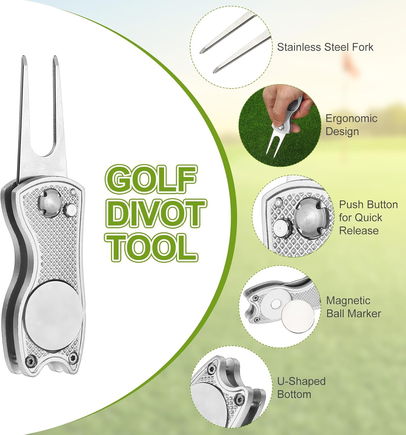PATIKIL Golf Divot Repair Tool Foldable Metal Golf Green Divot Tool with Magnetic Ball Marker & Stainless Steel Fork