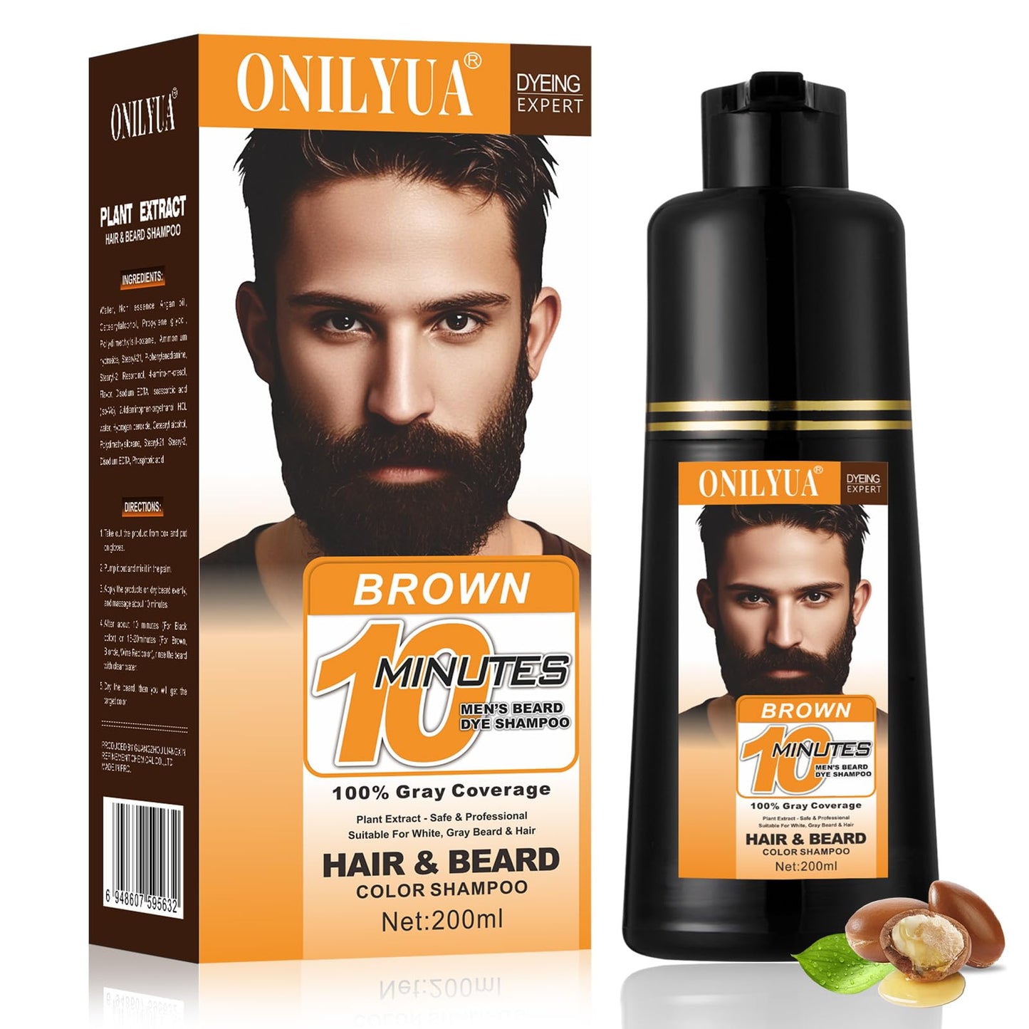Mens Beard & Mustache Dye Shampoo, Instant 100% Grey Hair Coverage, 3 in 1 Brown Beard Color Shampoo for Men Facial Hair, Easy t