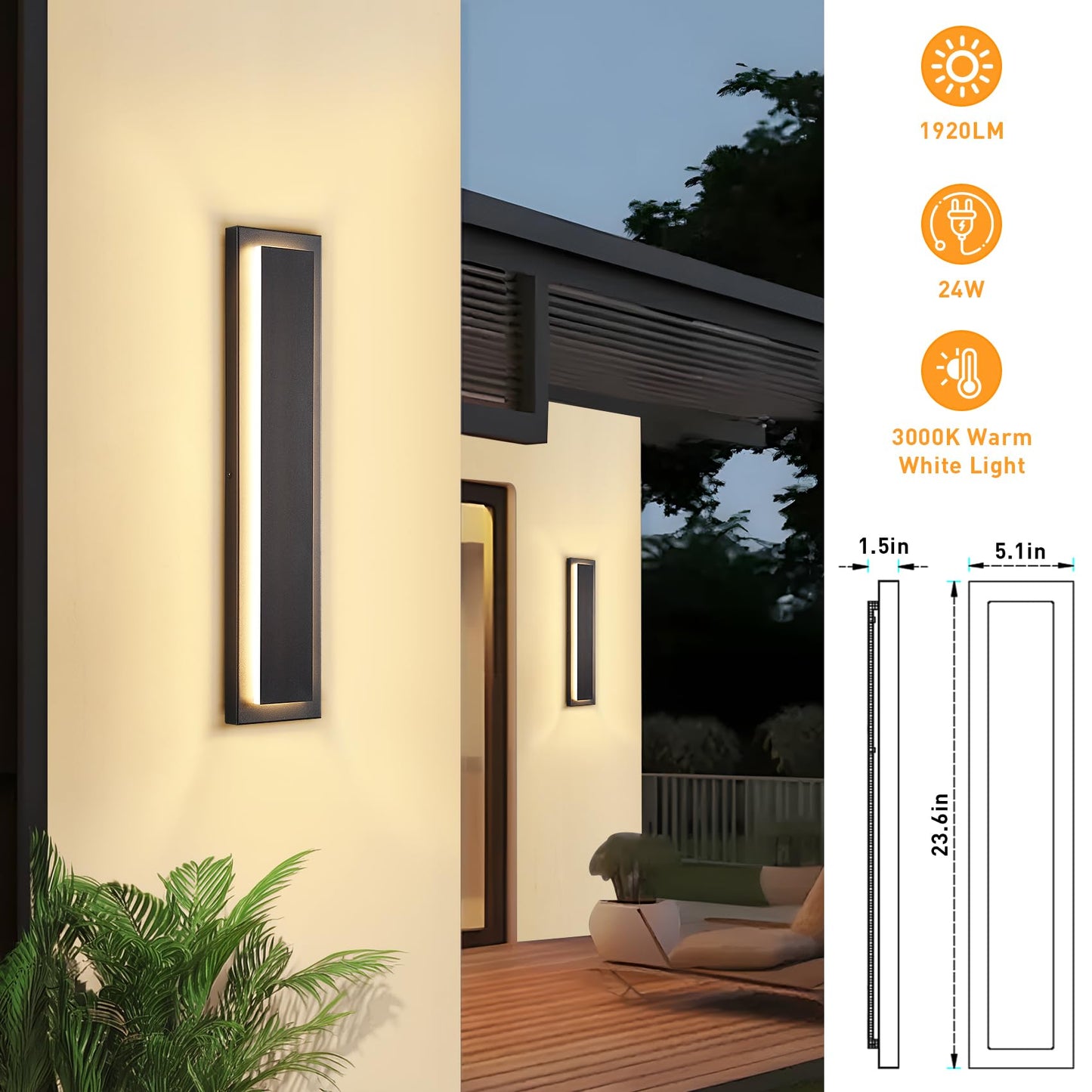 Zsmaiku 24 In Porch Lights Outdoor Sconce Lights Modern Exterior Front Door Lighting Fixtures Black Led Long Outdoor Wall Light Waterproof Outside Lights For House Patio Garage 24 W Warm White 1 Pack