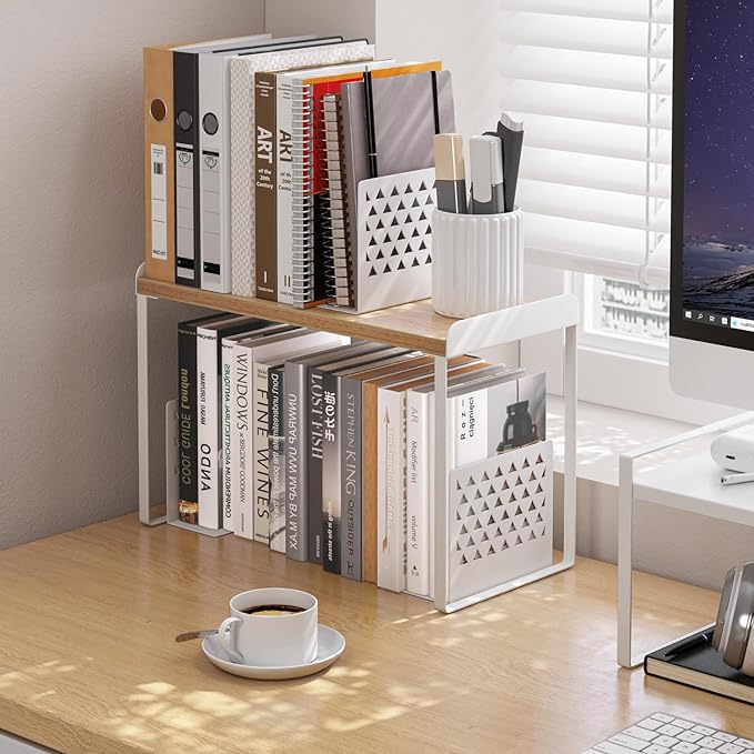 Mitus Shelf Organizer and Storage, Tiered Wood Cabinet Rack for The Kitchen Counter, Bathroom Counter, Pantry Cupboard, Office Desk Bookshelf, 16" Wide Natural and White