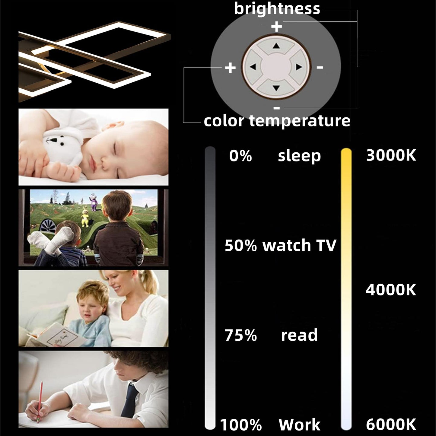 SMG Modern LED Ceiling Light Fixture, Dimmable Remote Control, 35.4IN Flush Mount Chandelier, Black, Model 126-023-731