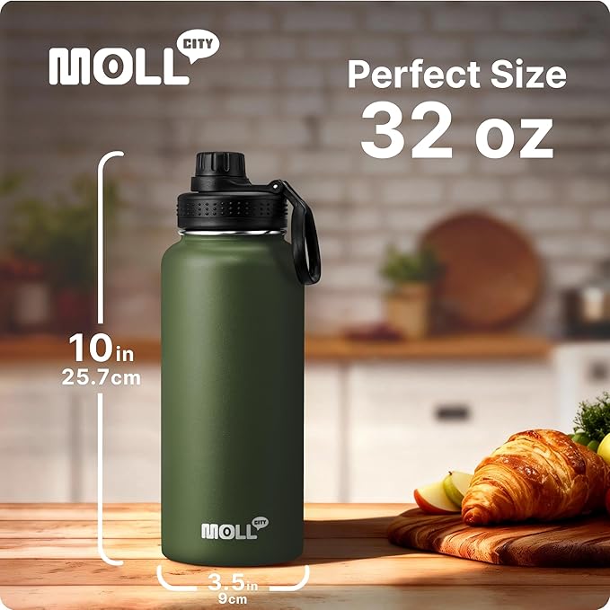 Insulated Water Bottle - 32 oz Stainless Steel Vacuum Wide Mouth Sports Flask With Silicone Boot - Reusable Metal Travel Bottle With Spout Lid (Grass Green)