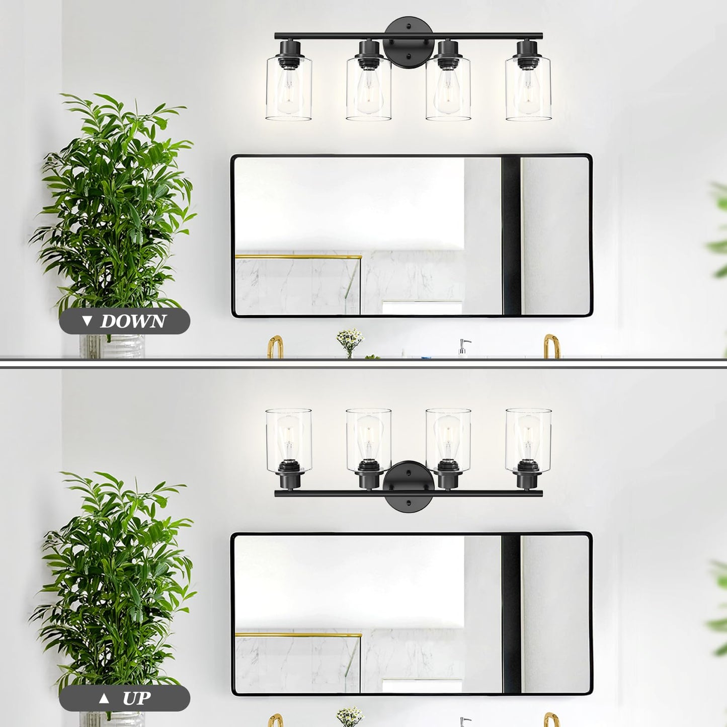 Guliaofo 4-Light Black Bathroom Light Fixtures, E26 Modern Vanity Lights for Bathroom with Clear Glass Shade, Wall Lamps for Mirror Hallway Kitchen Cabinet Living Room Sconces Lights