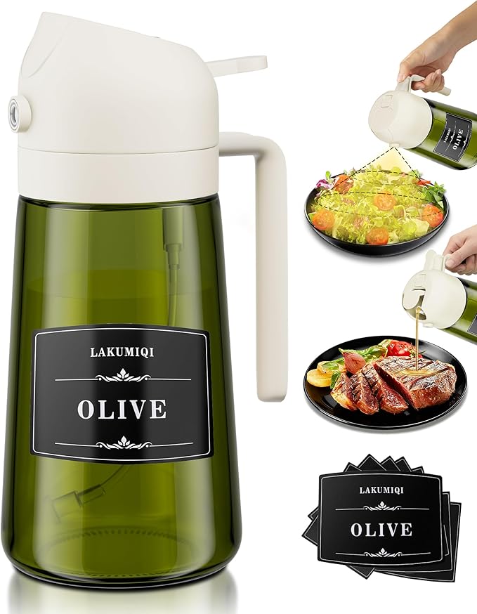 2 in 1 Oil Sprayer for Cooking 16oz, Green Light-Blocking Glass Olive Oil Dispenser Bottle, Food-Grade Oil Mister with 8 Stickers for Kitchen Salad Frying