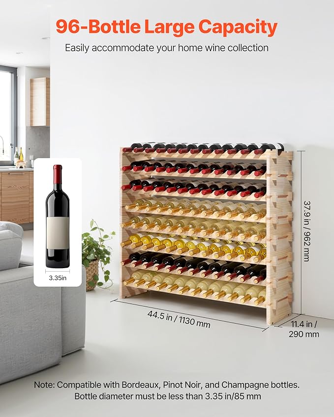 VEVOR 96 Bottle Stackable Modular Wine Rack, 8-Tier, Floor Freestanding Wine Storage Rack, Solid Wood Wines Display Shelf, Wobble-Free Shelves, Easy Assembly, for Kitchen, Cellar, and Bar, Natural