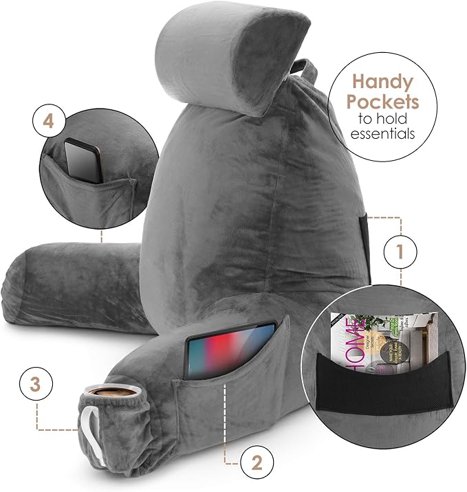 Nestl Reading Pillow Large Bed Pillow, Back Pillow for Sitting in Bed Shredded Memory Foam Chair Pillow, Reading & Bed Rest Pillows Grey Back Pillow for Bed, Bed Chair Arm Pillow with Pockets