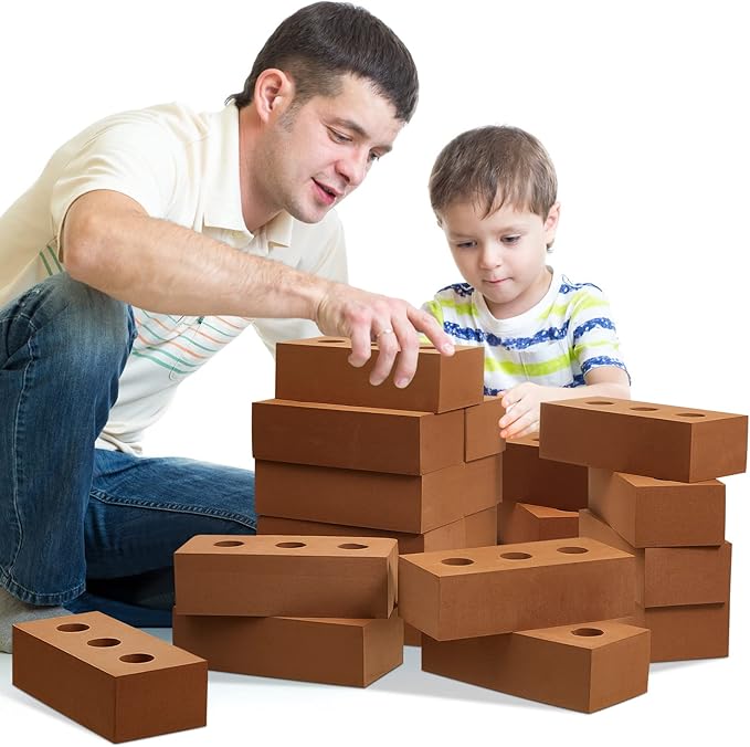 Deekin 30 Pcs Foam Brick Building Blocks for Kids Thick Blocks Foam Large Fake Brick Construction Toy for Stacking Construction, 8 x 4 x 2.4 in (Circle Holes)