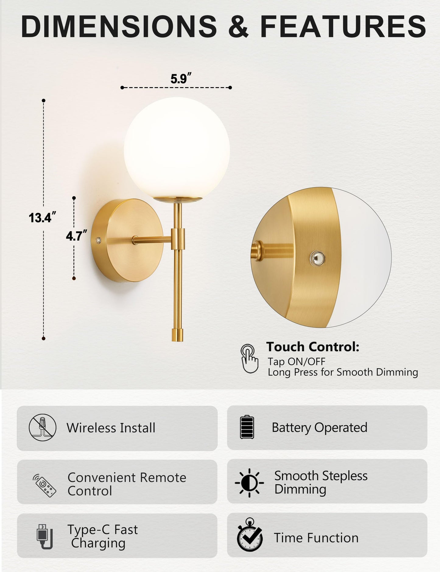 MSTETO Battery Operated Globe Wall Sconces Set of 2, Brushed Gold, Wireless, Remote Control, Rechargeable, Model MTIW-108G