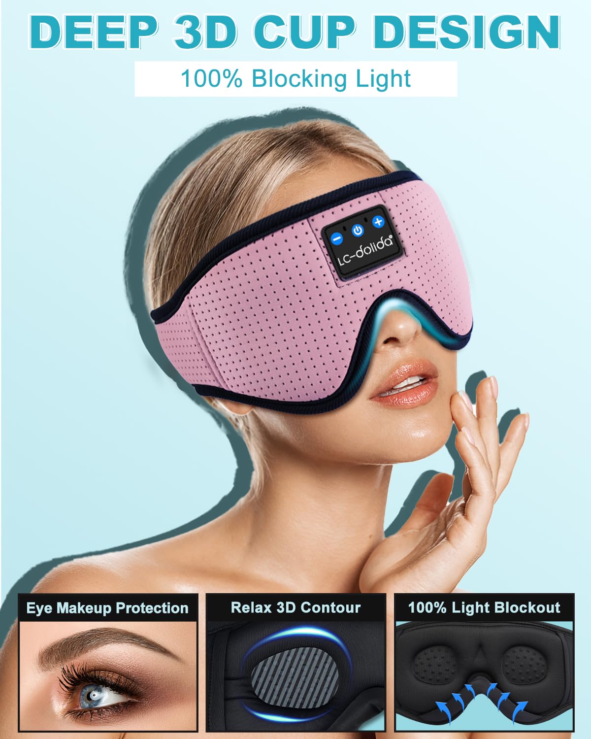LC-dolida Sleep Headphones, 3D Sleep Mask Bluetooth Wireless, Sleeping Headphones for Side Sleepers Sleep Eye Mask Music Weighted Sleeping Mask Meditation Gifts for Men Women (Rose Pink)