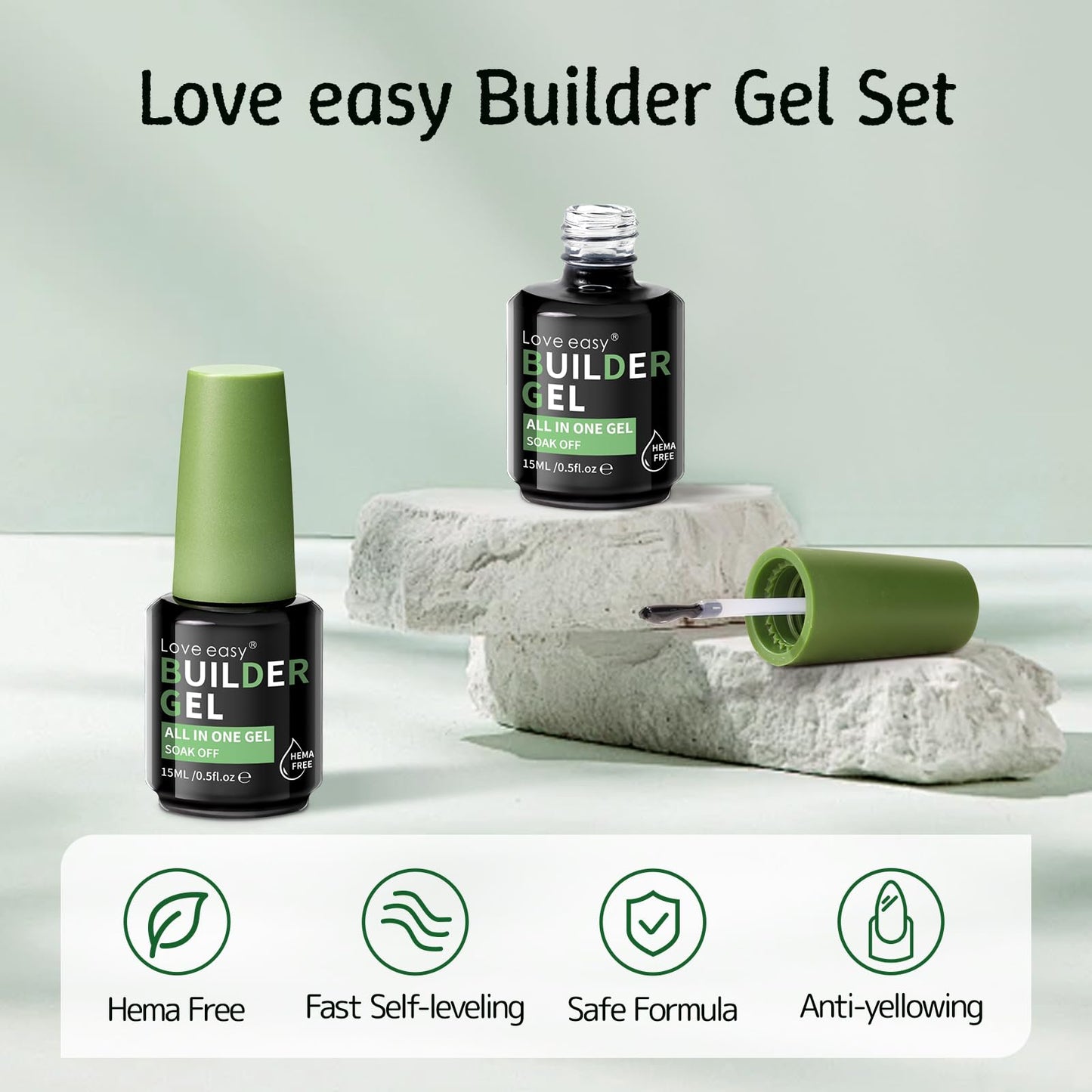 Love easy Builder Gel for Nails, 2 Pack Crystal Clear Soft Polish Fast Self-leveling Apex Strength Thickness Enhancement Buildin