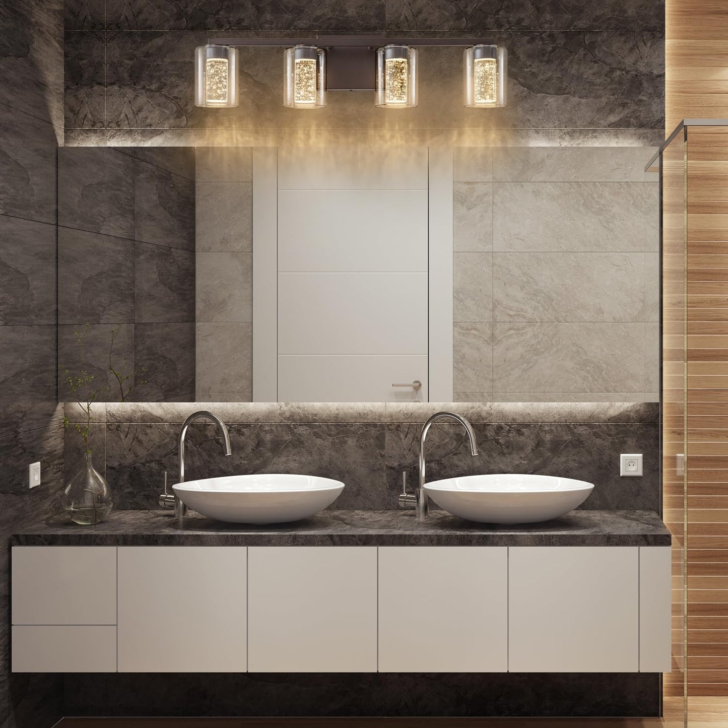 SineRise 4-Light Bronze Vanity Light with 3 Color Modes (3000K/4000K/6000K), Eye Protection LED Bathroom Light Fixture, Dimmable Modern Wall Light Over Mirror with Clear Glass Shade