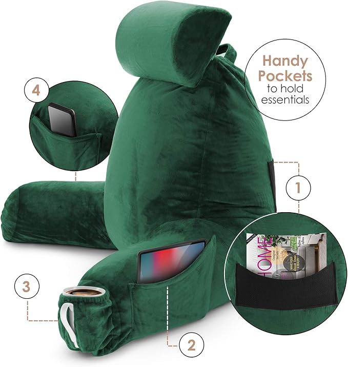 Nestl Reading Pillow Large Bed Pillow, Back Pillow for Sitting in Bed Shredded Memory Foam Chair Pillow, Reading & Bed Rest Pillows Dark Green Back Pillow for Bed, Bed Chair Arm Pillow with Pockets