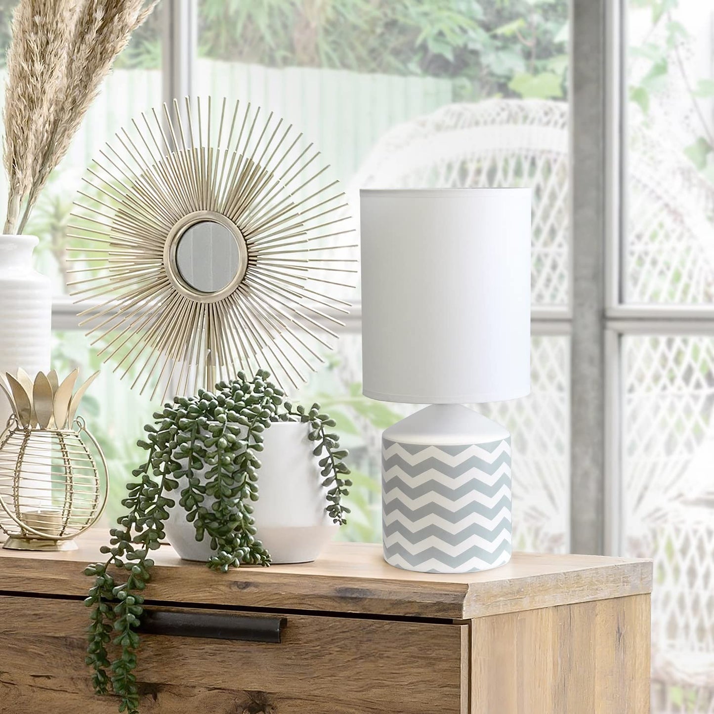 Simple Designs Table Lamp LT2077-WAV, Chevron Pattern, Gray, 8.5inL x 8.5inW x 18.5inH, Ceramic Material