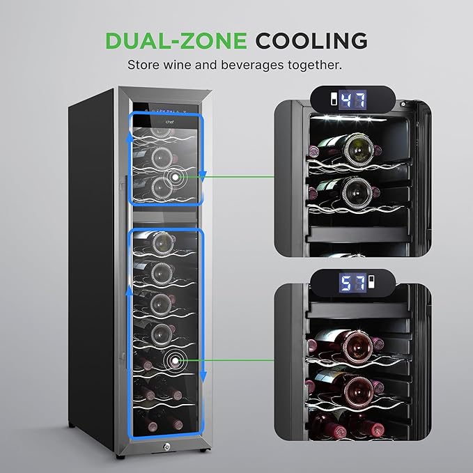 NutriChef 27 Bottle Wine Fridge | Dual Zone Adjustable Temperature Control 41°F to 64°F | Ultra Quiet Operation | Wine Cooler for Home, & Office | FreeStanding 43x11x23 in (Black)