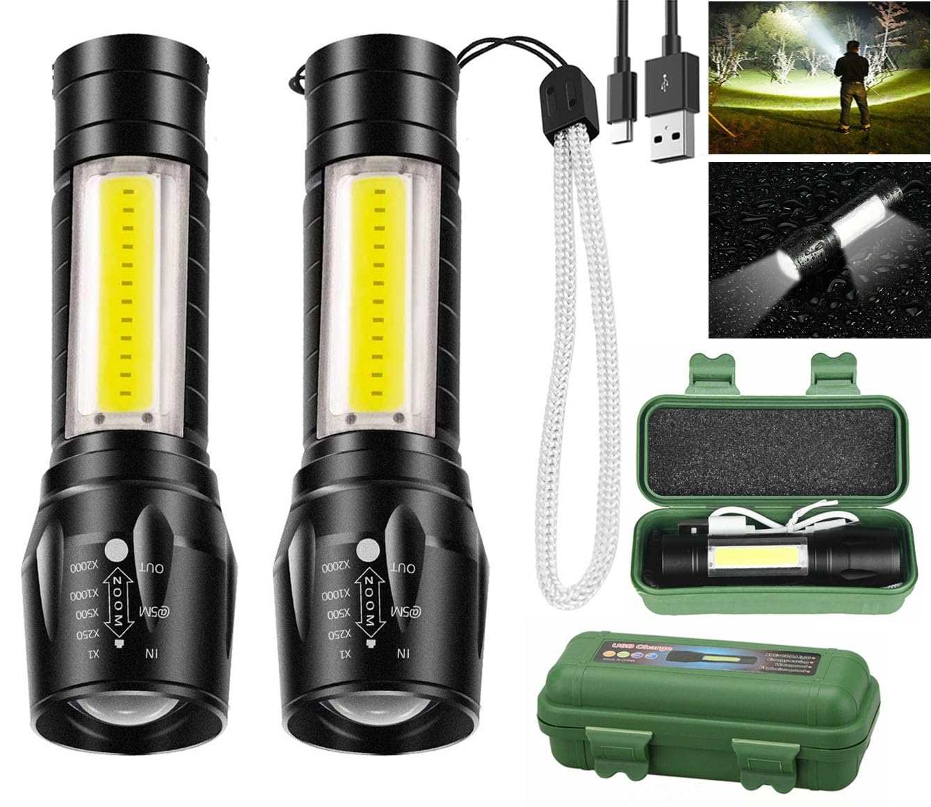Wrrozz Usb Rechargeable Mini Led Flashlight - Super Bright, Aluminum, Yellow, 2 Pack, Zoomable, Portable For Camping & Emergency