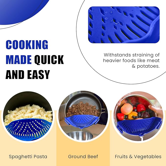 Clip-On Kitchen Food Strainer for Spaghetti, Pasta, Ground Beef Grease, Colander & Sieve Snaps on Bowls, Pots and Pans, Set includes Silicone Strainer, Brush & Garlic Peeler by Salbree (Dark Blue)