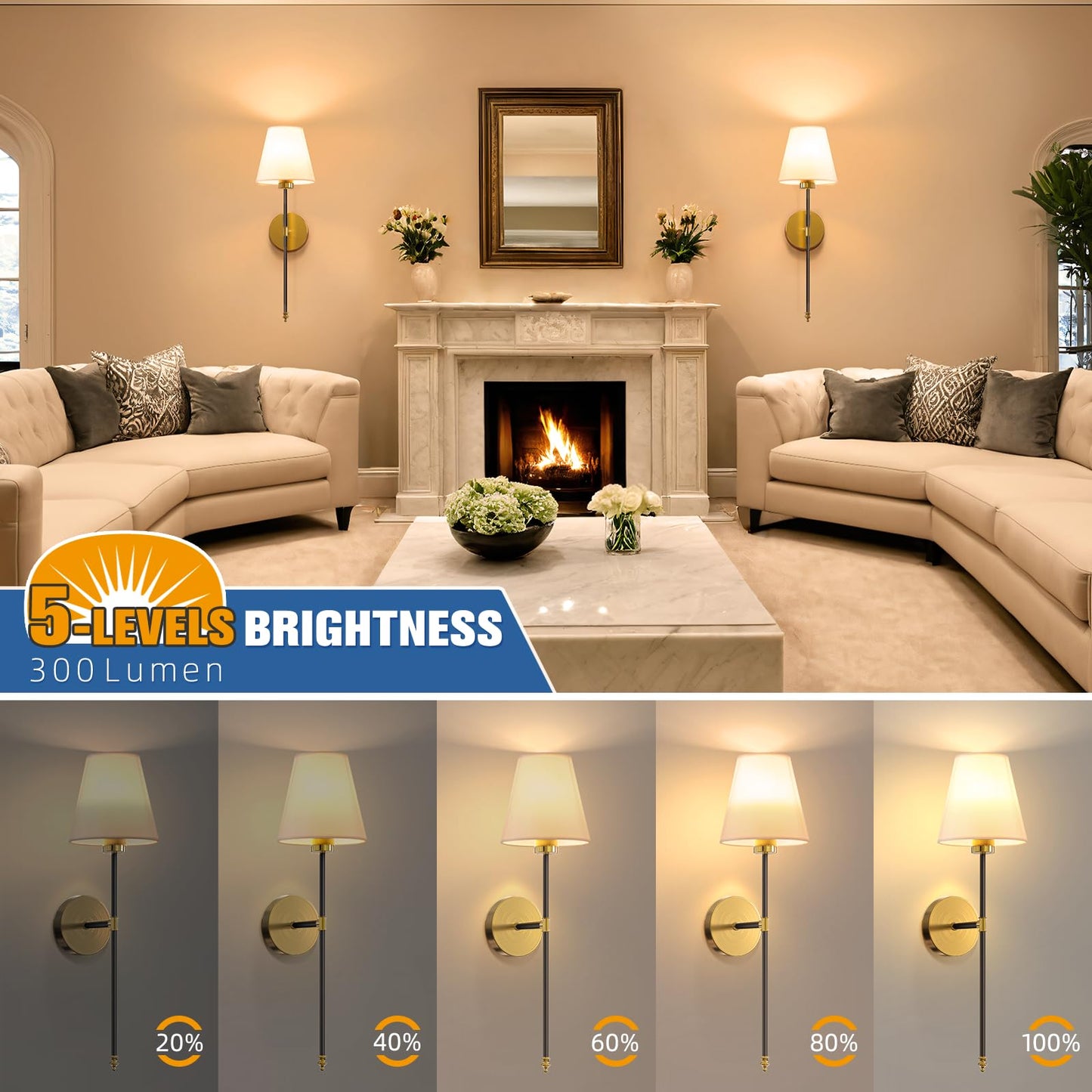 NIORSUN Wall Sconce Set of 2, 24 inch Black-Gold Metal Rechargeable Lights with Dimmable Bulbs, Model SW013