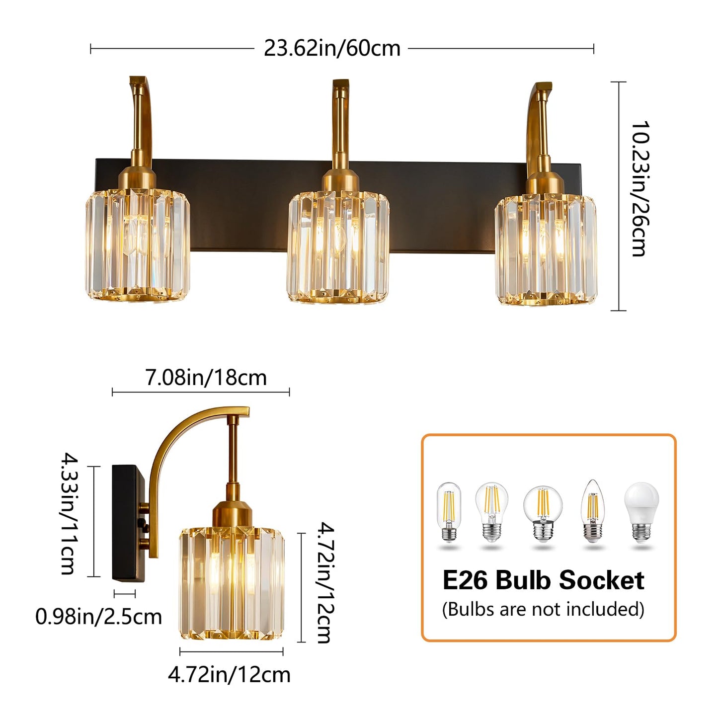 Fdpby 3-Light Crystal Vanity Light  Modern Black Gold Bathroom Wall Sconce With K9 Crystal Shades  23.62 Long Over Mirror Lighting For Vanity  Makeup  Hallway  Elegant & Durable