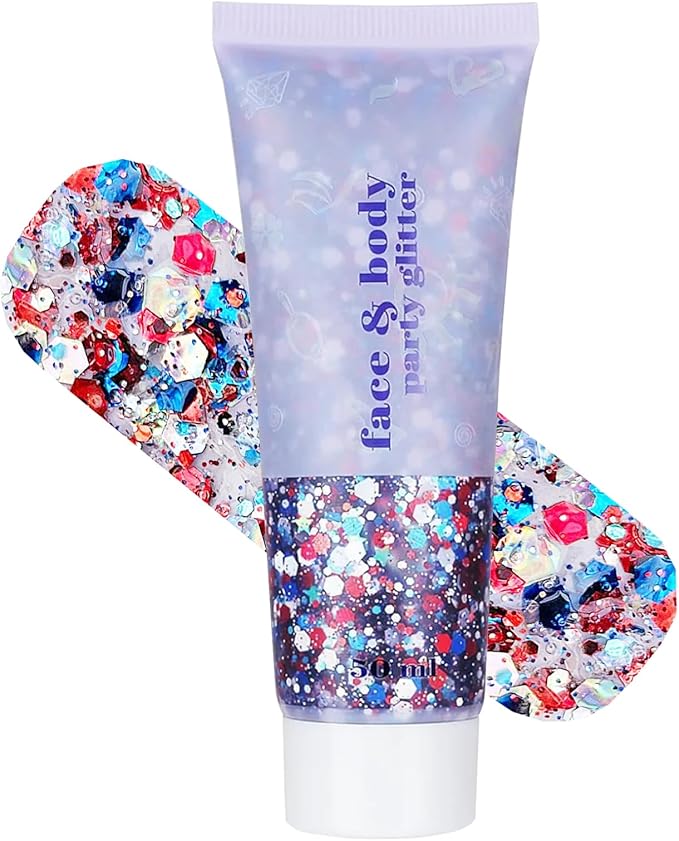 Red White and Blue Body Glitter - 4th of July Outfit Accessories for Women & Kids, USA Flag Face Glitter Makeup, Holograph...