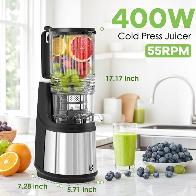 Cold Press Juicer, 5.8" Wide Feed Chute Juice Extractor Machine with 400W, High Juice Yield, Slow Masticating Juicer for Whole Vegetables & Fruits, Gray-Stainless Steel