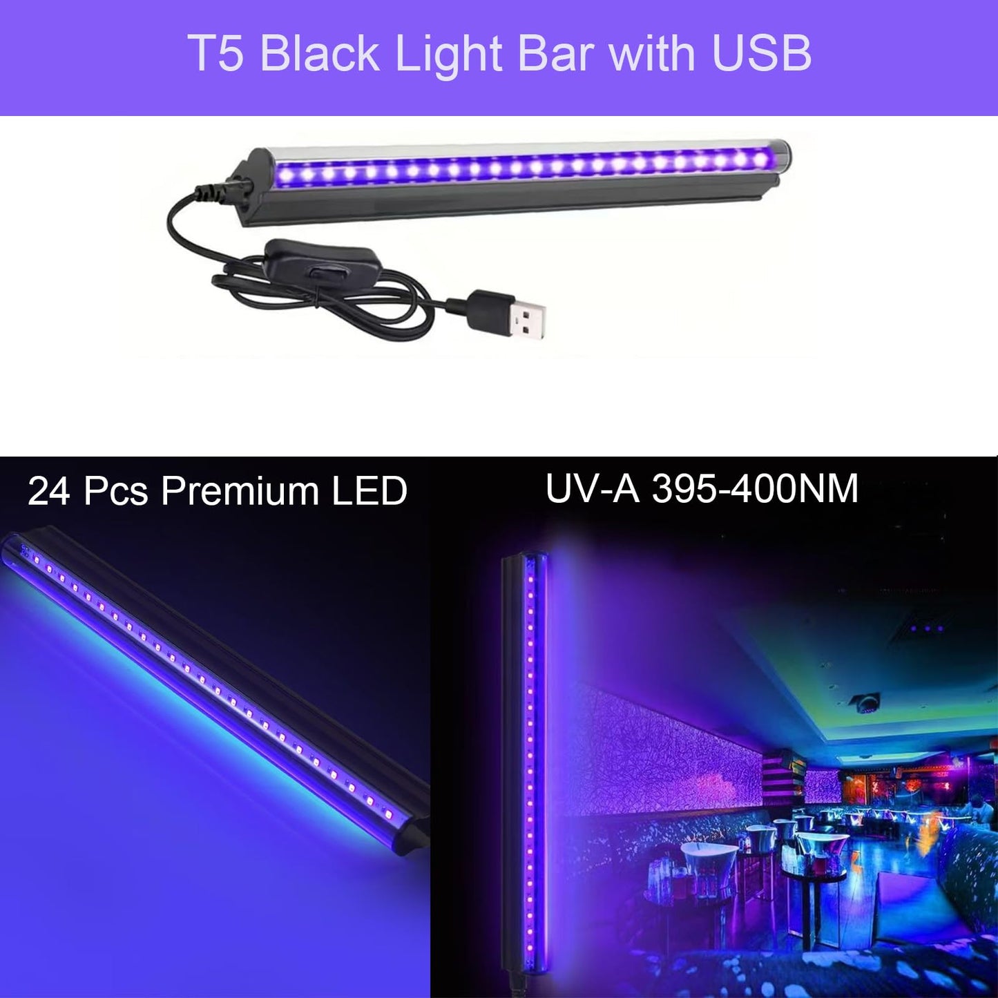 BOSITE 10W T5 Blacklight Bar, 2 Pack UV LED Tube, 395-400nm, USB+Switch, 1ft, Black