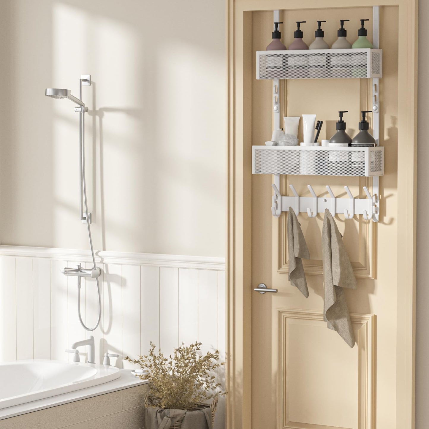 LUCYCAZ Adjustable Over The Door Hooks Organizer, Hanger Storage with 10 Coat Hooks & 2 Mesh Basket, Over The Door Towel Rack Organizer for Bathroom, Bedroom, Kitchen (White)