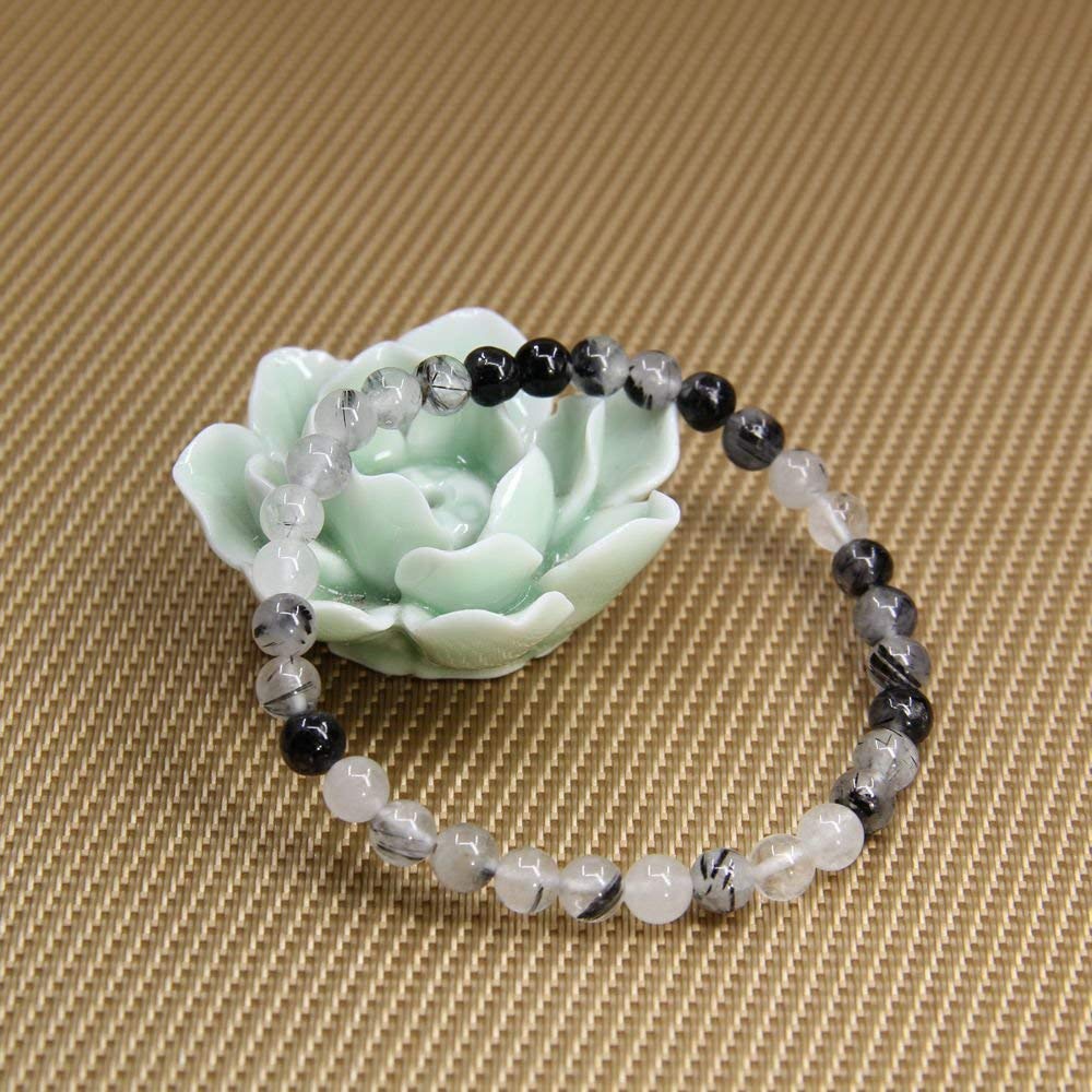 Natural Black Rutilated Quartz Gemstone 6mm Round Beads Stretch Bracelet 7 Unisex