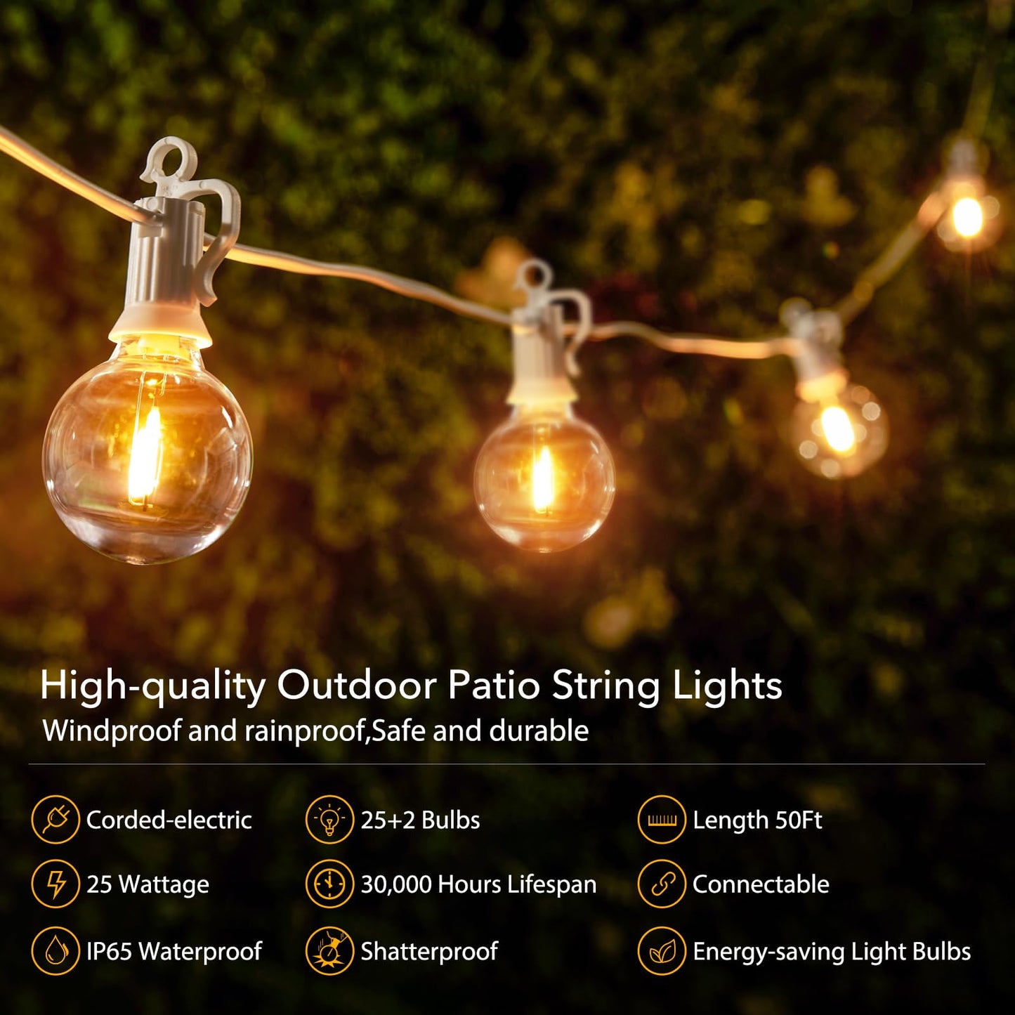 Brightown Outdoor String Lights - 50Ft Waterproof Led Globe Lights With 25 G40 Bulbs, All-Weather Patio Decor, White