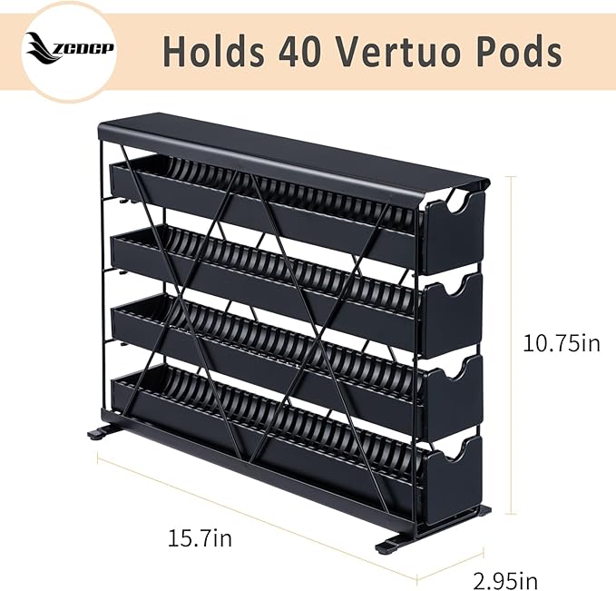 ZCDCP Black Metal 4 Tier Coffee Pod Holder, Nespresso Coffee Pod Holder Vt Pod Wall Mountable Storage Drawer, for Vtline Capsule Coffee Machine (40 Pods Capacity)