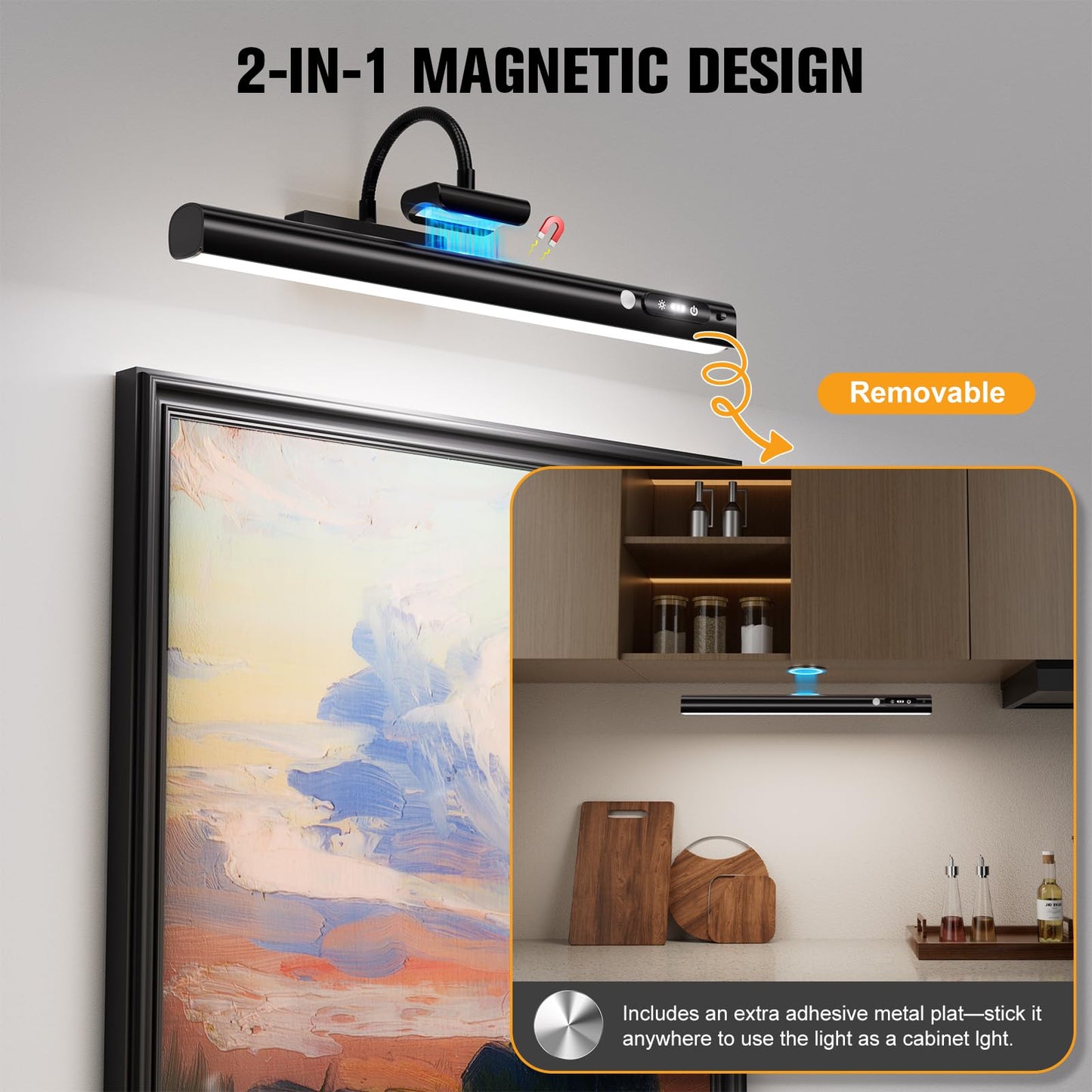 RIRIBEN 15.7'' Picture Lights for Wall with Motion Sensor, 9000mAh Rechargeable Battery Operated Poster Lights for Paintings, Portraits, Wall Decor, Black