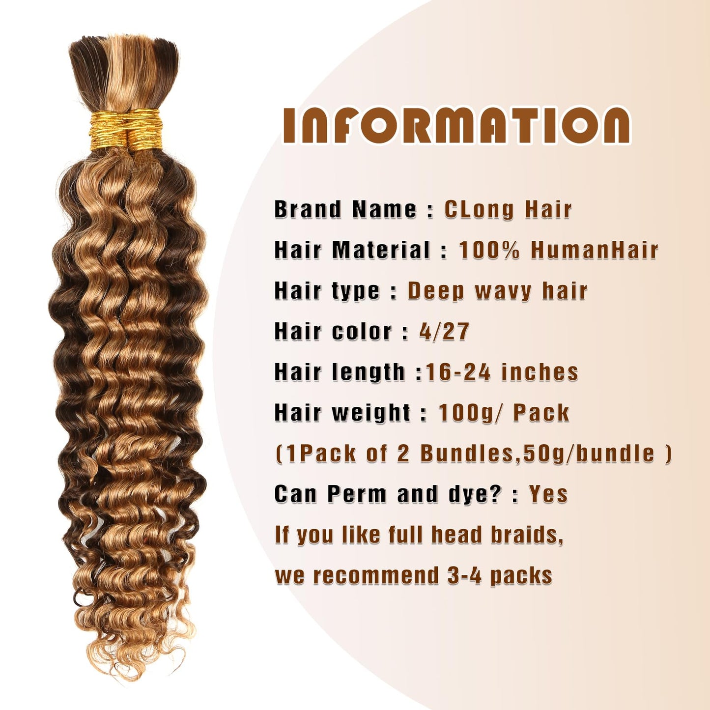 4/27 Honey Blonde Human Braiding Hair Deep Wave Bulk,Highlight No Weft Curly Hair Extensions for Boho Braids Wet and Wavy Braidi