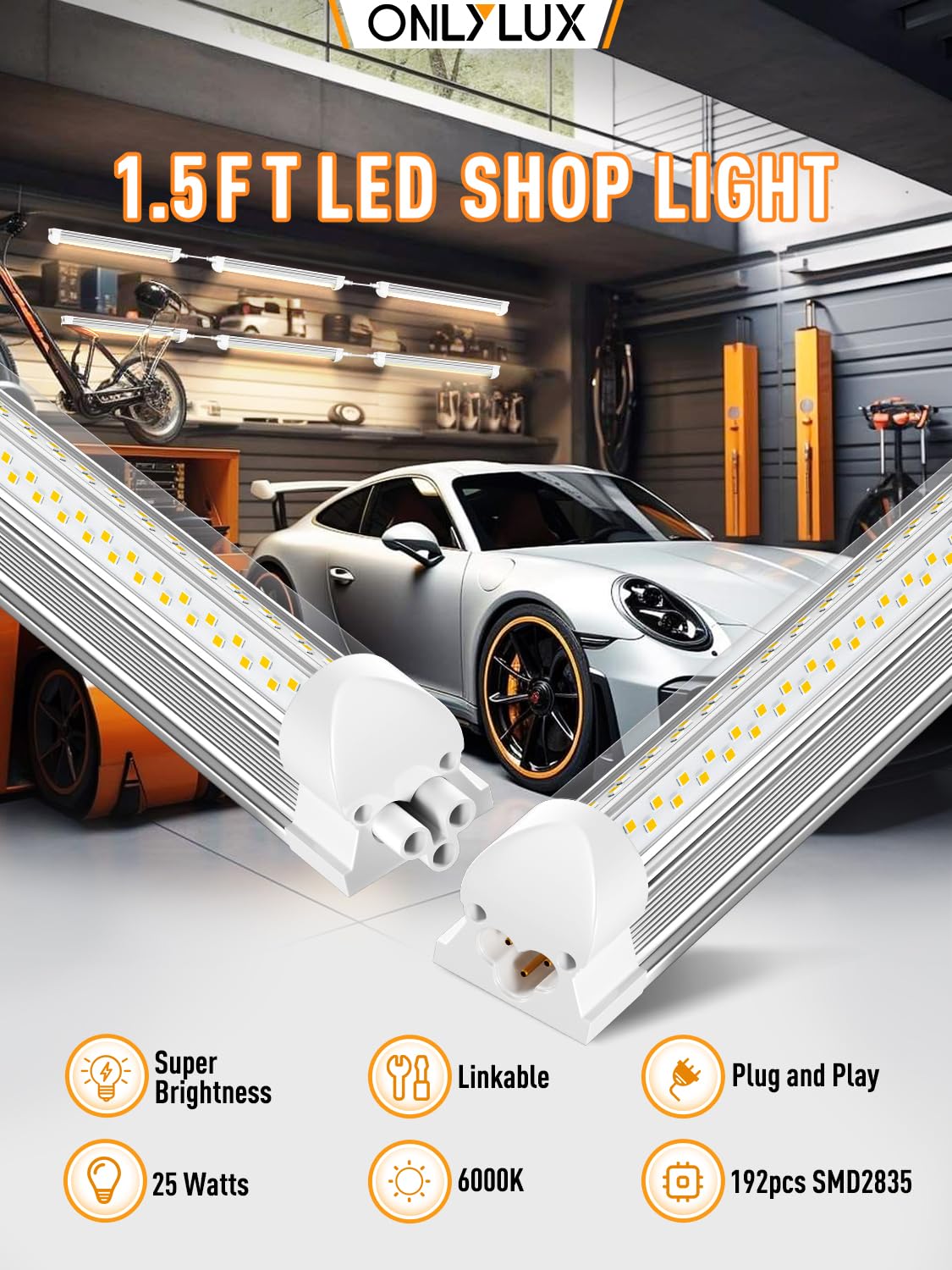 ONLYLUX LED Shop Light, 25W, 3750LM, 6000K, Linkable, Aluminum, 6 Pack