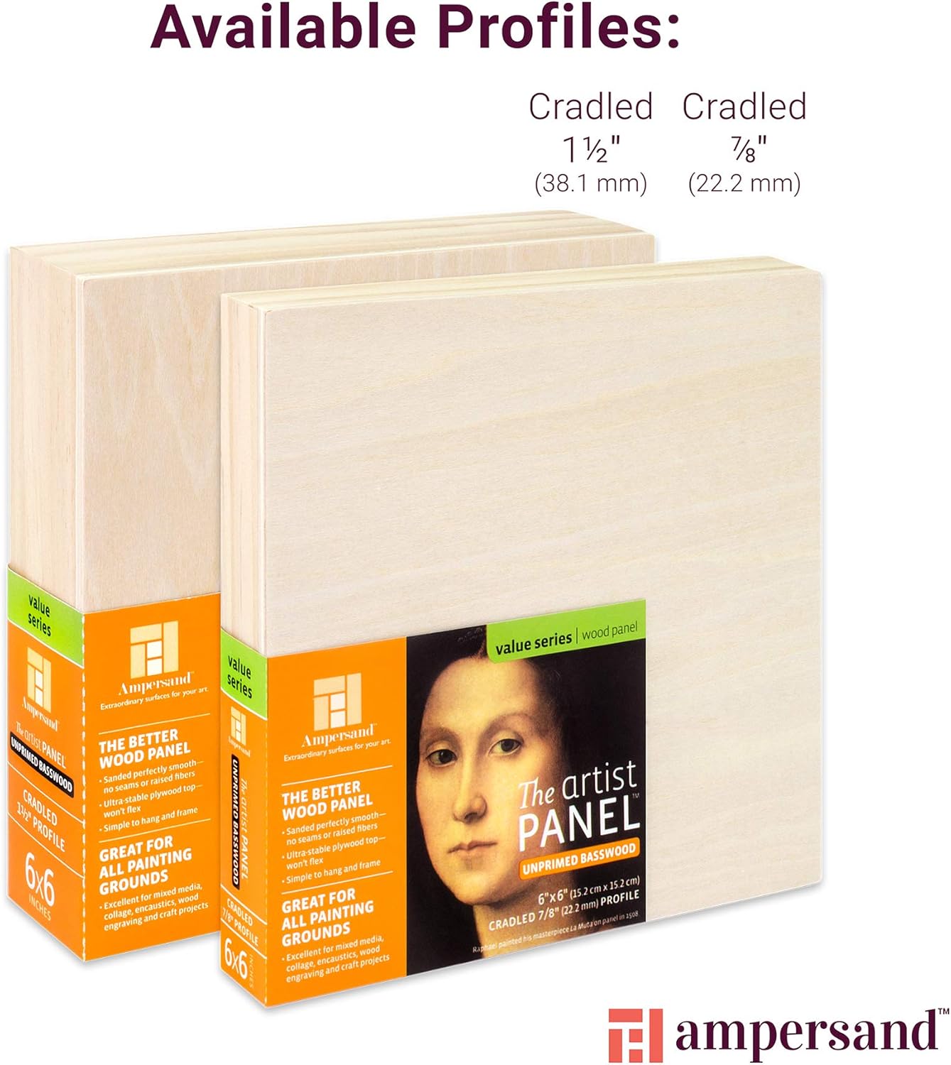 Ampersand Art Supply Unprimed Basswood Artist Panel, 7/8" Cradled Profile 16"x16"