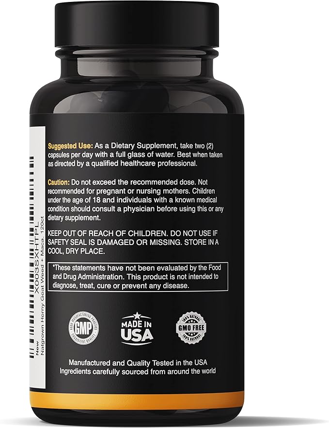 Natgrown Horny Goat Weed and Maca Root Extract Supplement for Men & Women (Epimedium Extract, Hornygoatweed) Vegan Capsules -120 Ct