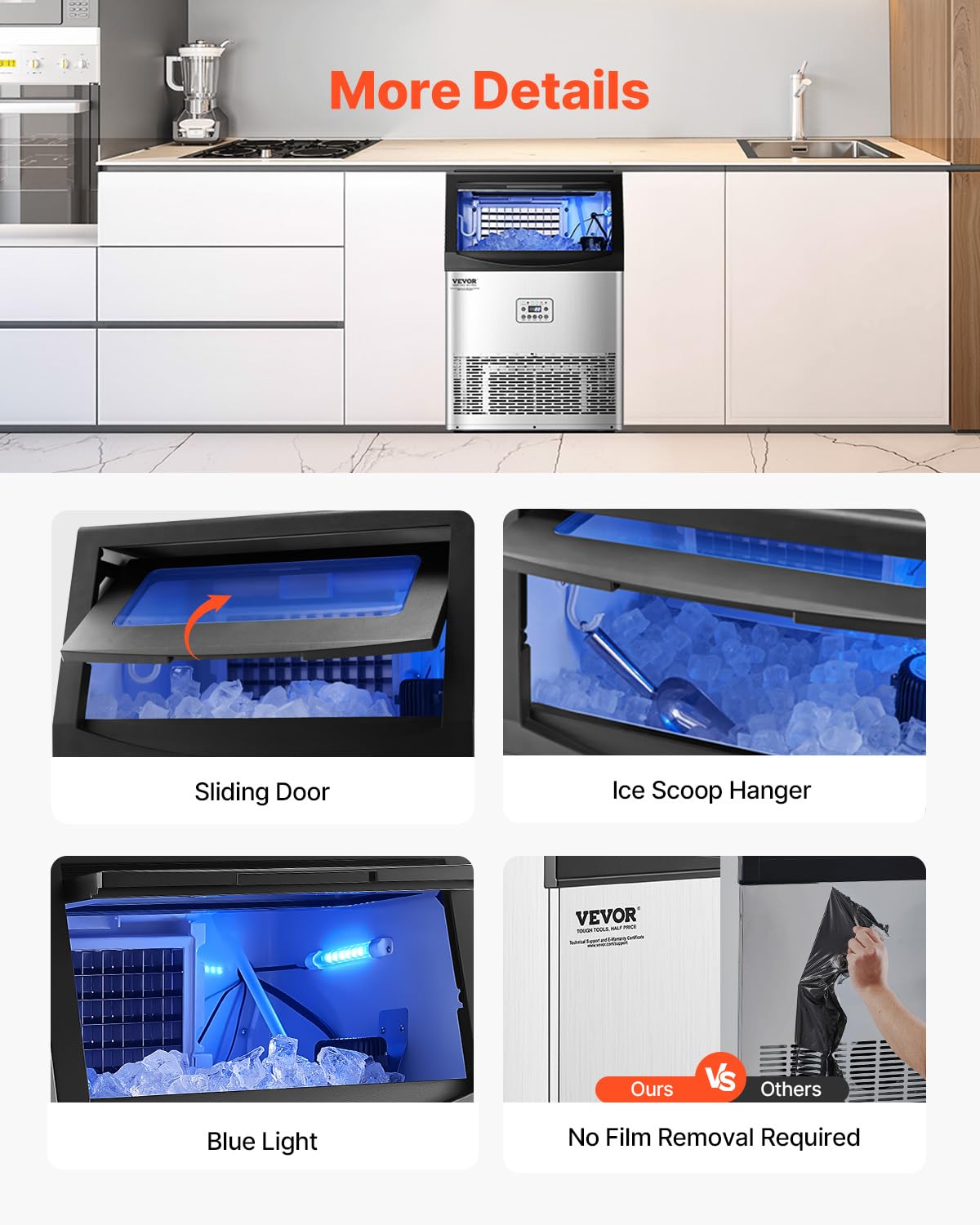 VEVOR Commercial Ice Maker Machine, 90lbs/24H Ice Maker Machine with 33lbs Storage Capacity, 50 Ice Cubes in 15 Minutes, LED Digital Display Freestanding Self-Cleaning for Bar Office Restaurant