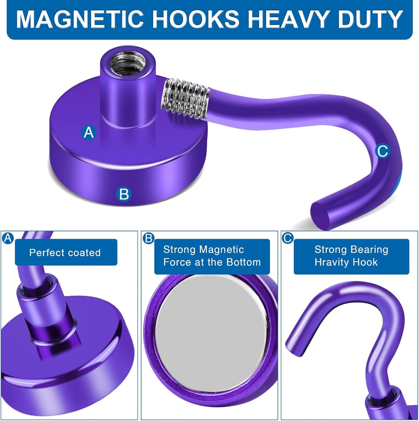 LOVIMAG Strong Magnetic Hooks, Heavy Duty Magnets - 50Lbs Purple, 4 Pack for Refrigerator, Hanging, Ceiling, Tool Room Etc