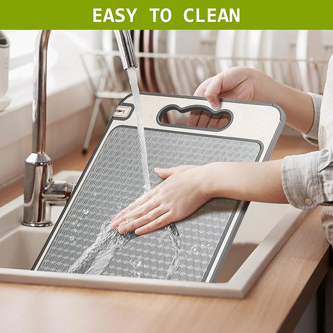3-in-1 Stainless Steel Cutting Board for Kitchen, Double Sided,Non Toxic Cutting Board,Scratch-Resistant Mesh Design with Juice Groove,Easy Clean,Wheat Straw PP Large Chopping Board (15''*10'')
