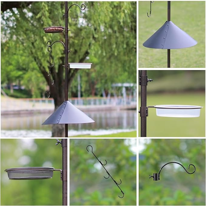 Bird Feeding Station Kit with Squirrel Baffle Bird Feeder Pole with Suet Cage Mesh Tray Fruit Hook Double W Hook for Attracting Wild Birds and Hanging Planter Hanger Lights