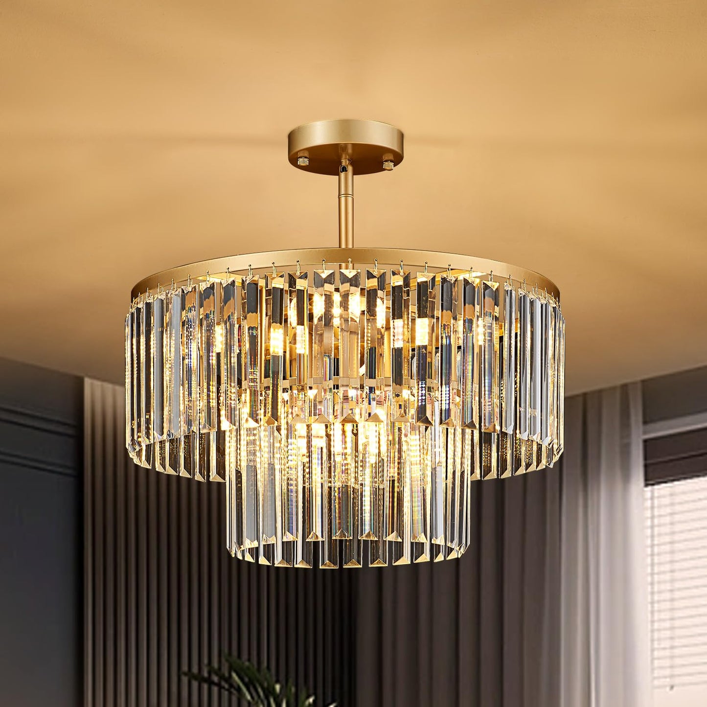 Lighceac 17.7 Gold Semi Flush Mount 2-Tier Crystal Ceiling Light Fixtures For Dining Room Modern Industrial 8-Light Chandeliers Lighting For Bedroom Entryway Hallway Kitchen Island Living Room Foyer