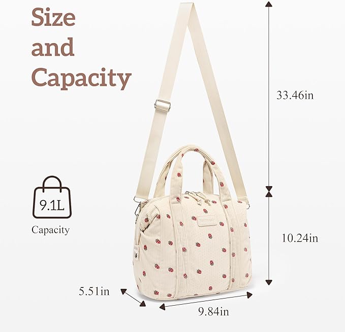 Lunch Bag Women Insulated Lunch Box,Cute Corduroy Lunch bags,Reusable Large Capacity Leakproof Cooler Bag with Adjustable Shoulder Strap for Men Adult Work Office Picnic Travel Strawberry