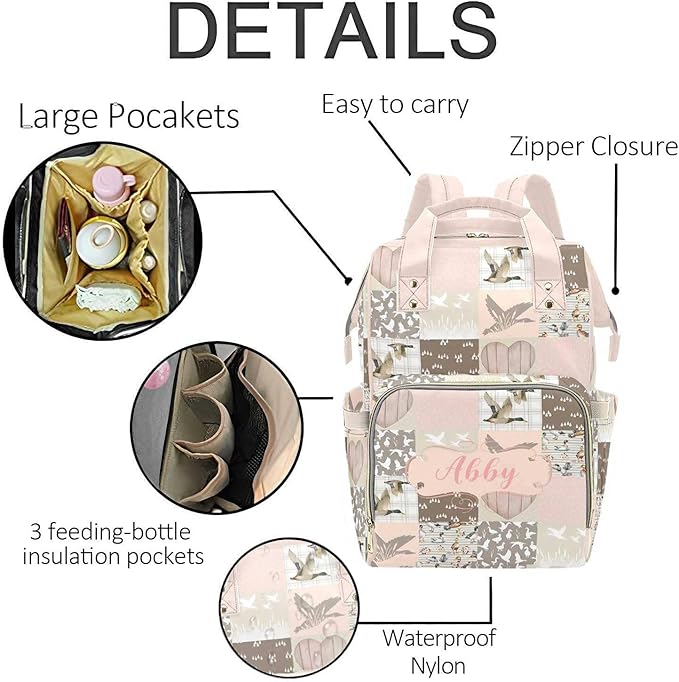 Custom Mallard Pink Baby Diaper Bag with Name – Personalized Nursing Travel Tote Backpack for Mom or Dad, Custom Name Baby Daypack Gift