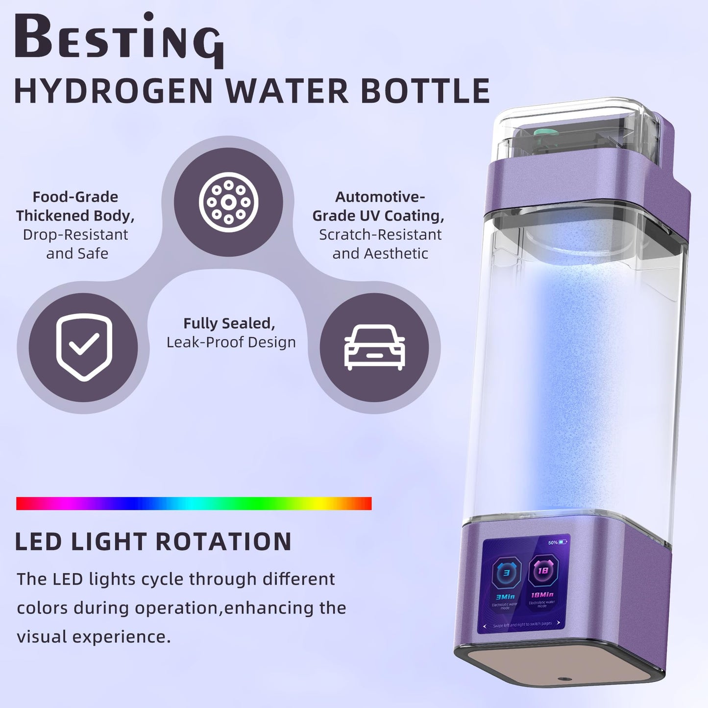 Hydrogen Water Bottle Generator, Up to 9000ppb, Portable Hydrogen Bottle with Smart Touchscreen, SPE/PEM Technology for Home Office Outdoors Drinking, 350ml