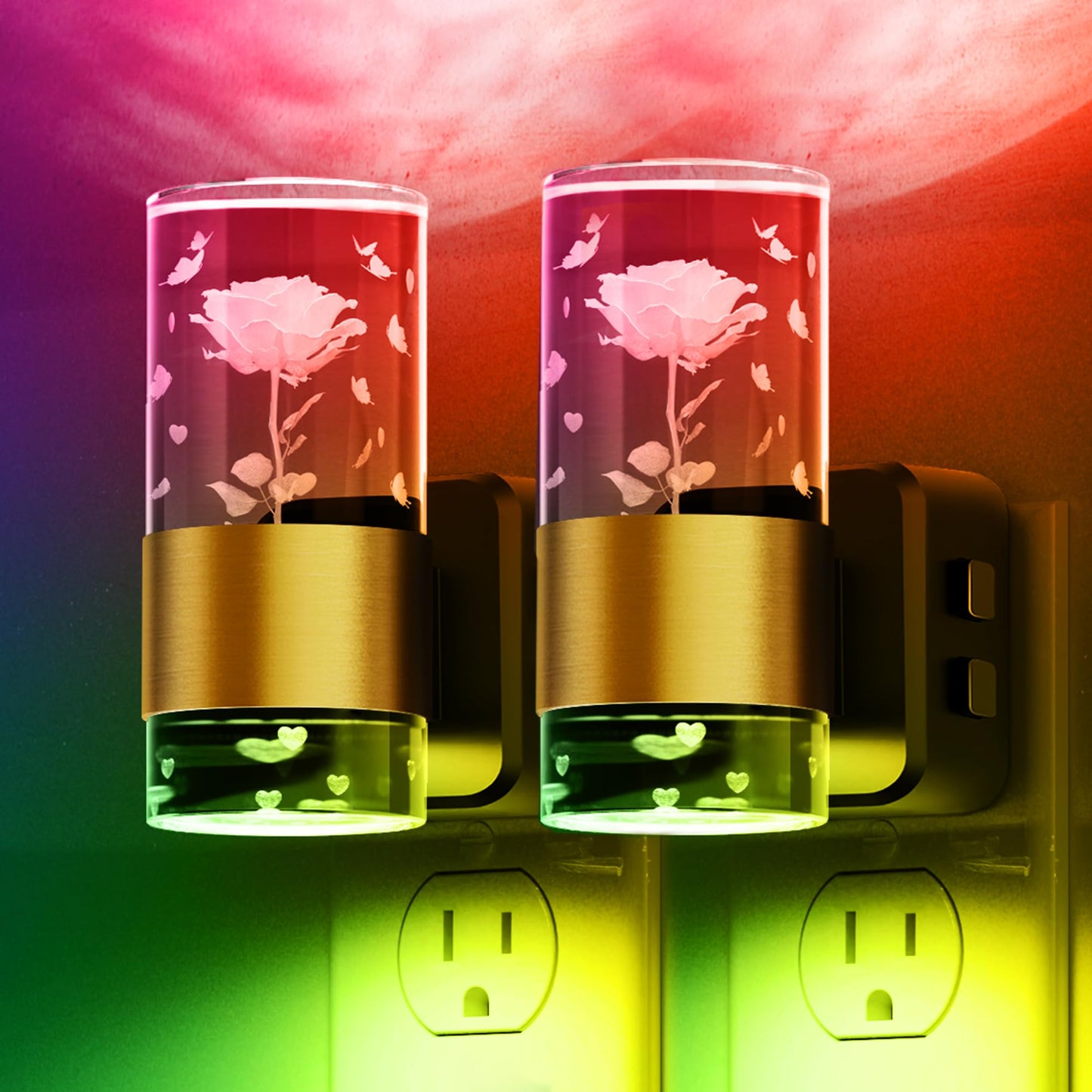 L LOHAS LED Night Light, Color Changing, Dusk to Dawn Sensor, Adjustable Brightness, 2 Pack, Gold Ring-Rose RGB, Model A-GY19709RSUS-2