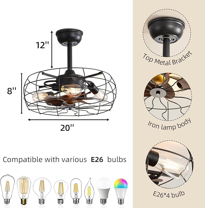 NicBex Ceiling Fan 20 Inch Ceiling Fans with Lights Caged Ceiling Fan with Blades and Remote Control Down Rod Mount Ceiling Fans for Bedroom, Living Room, Black