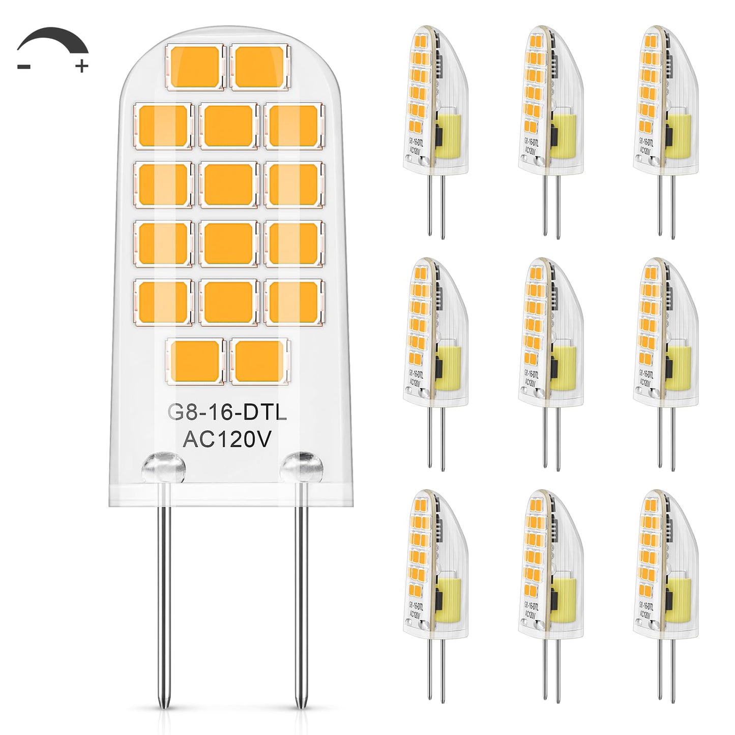 DiCUNO G8 LED Bulb Dimmable, Equivalent to G8 Halogen Bulb 20W, Warm White 2700K, 2W, 120V, T4 JCD Type Bi-Pin Base Light Replacements for Under Cabinet, Puck Light, 10-Pack