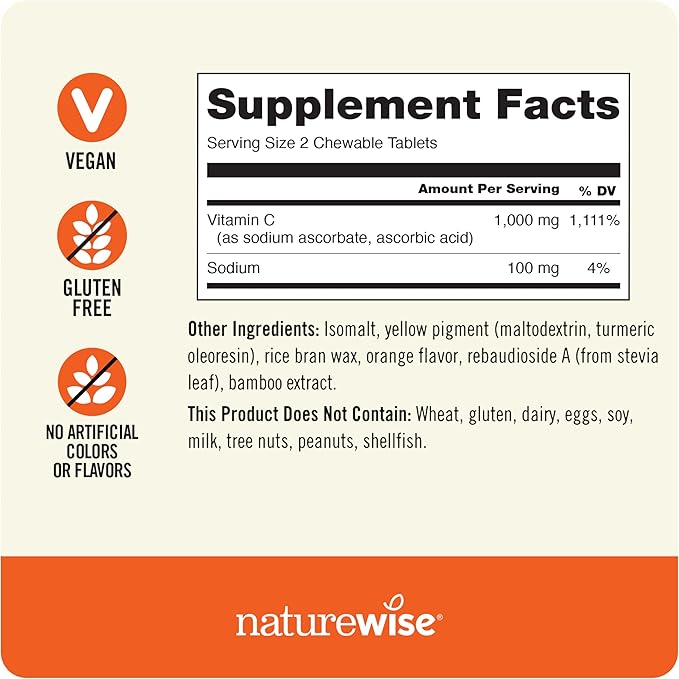 NatureWise Extra Strength Vitamin C Chewable 1000mg for Adults - Natural Orange Flavor - Immune System & Antioxidant Support - Non-GMO, Vegan & Sugar Free - 200 Chewable Tablets[100-Day Supply]