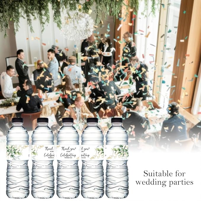 100PCS Wedding Water Bottle Labels Waterproof Greenery Floral Wraps Sticker for Water Bottle Baby Shower Bottle Label for Bridal Shower Party Thanks (Eucalyptus)